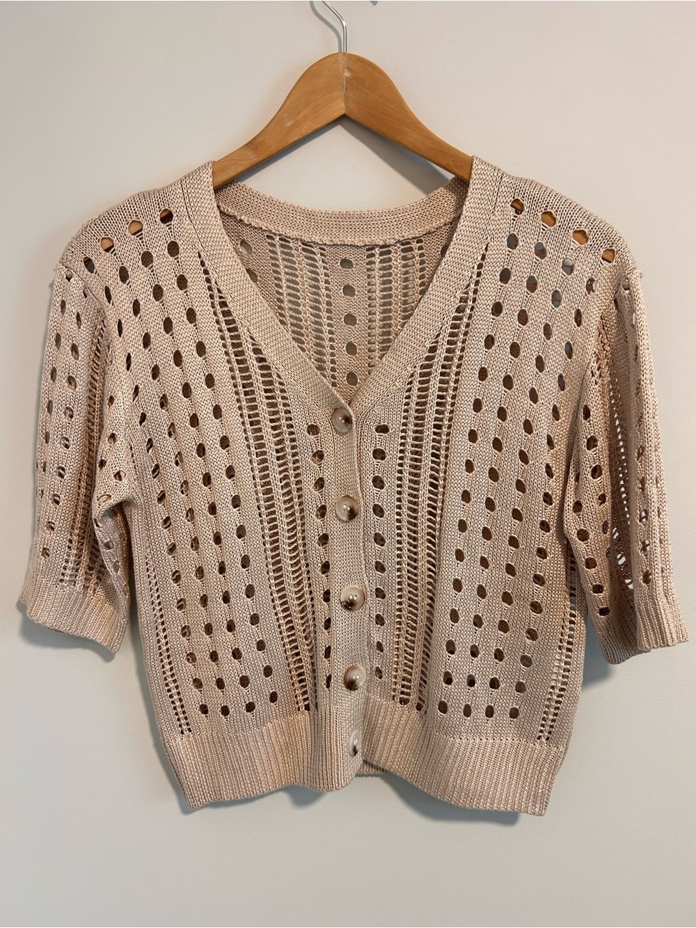 Beige Open Knit Button Front Cardigan Sweater, Size Medium